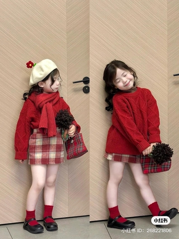 SETKID013- Set áo len đỏ trẻ em mix CV dạ kẻ có lót quần