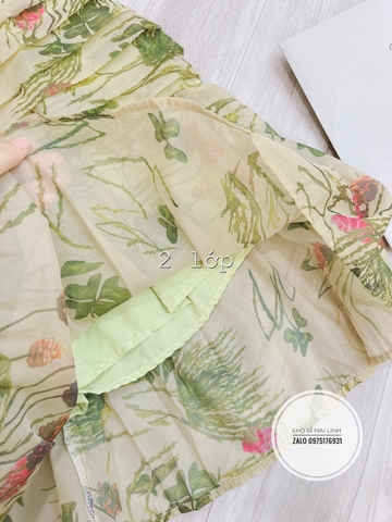 Đầm hoa xanh xếp ly thân đuôi cá vải cao cấp