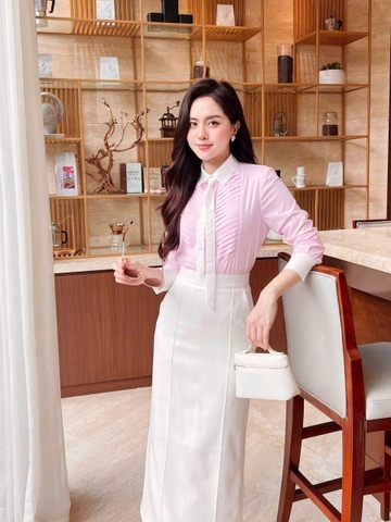 A140-Áo sơ mi nữ xếp ly chéo phối cavat rời 2 màu xanh hồng