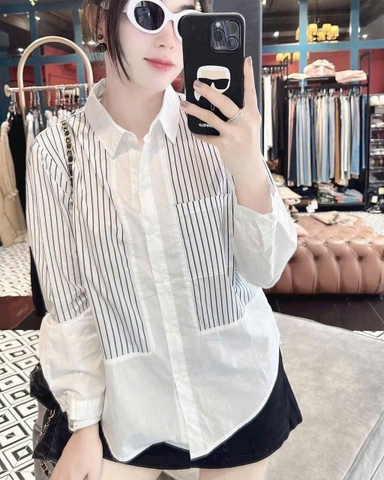 ☘️A208-ÁO SƠ MI GU TRẮNG PHỐI KẺ CHẤT THÔ LỤA