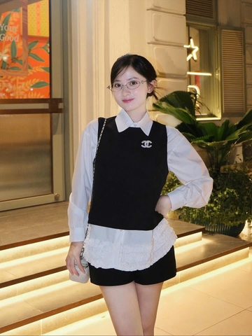 Set794- Set nhung  den kèm sơ mi trắng