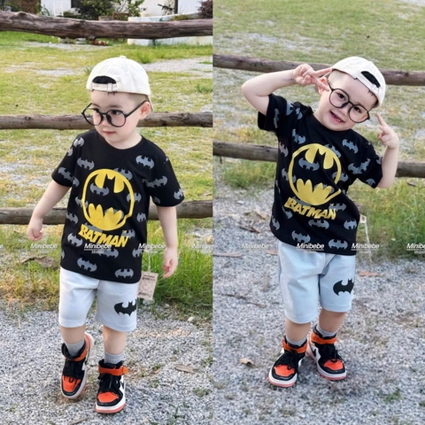 BT542 - Bộ áo cotton đen Badman mix quần nỉ mì màu ghi