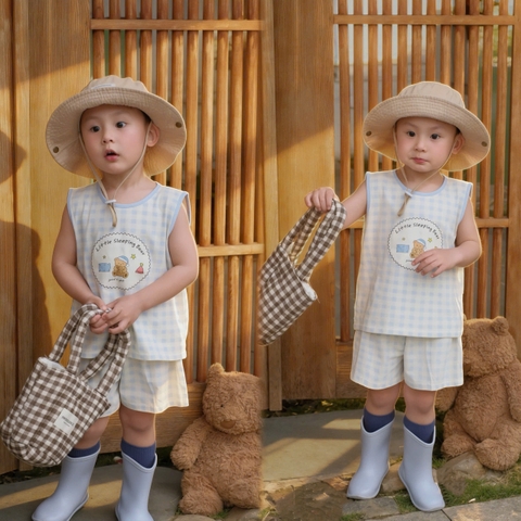 BT857-COMBO 3 bộ thun sát nách xanh trắng cho bé 9-25kg