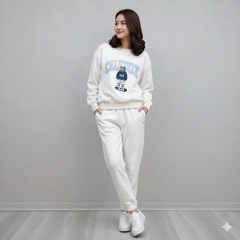 Set837- Bộ trắng nỉ. Bông in GAU  RA,BIT dài tay