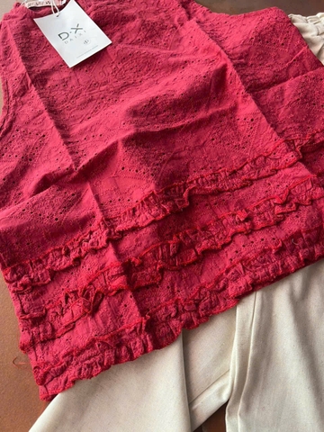 Set594- Set áo thô boi ren đỏ mix quần lien chân bèo dáng suông