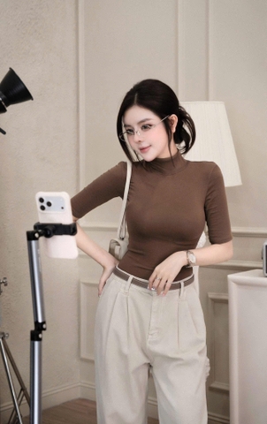 A424-Combo 3 áo thun cộc tay cao cổ đen nâu trắng