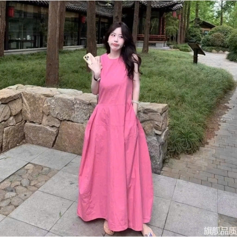 DAM168 -VÁY dài midi sát nách hồng