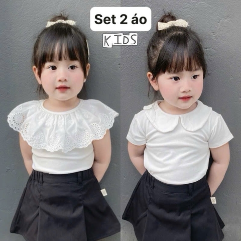 CB227- Combo 2 áo trắng cổ sen-cổ ren cộc tay bé gái