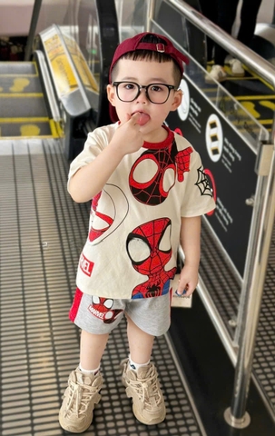 BN090- Bộ thun nhện trắng xám áo cotton mix quần cua