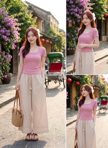 SET1018-Set thun cộc áo hồng kèm quần suông