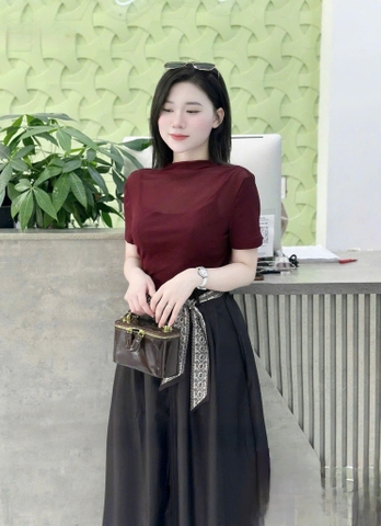 Set785- Set công sở áo thun đỏ cộc phối chân váy midi dài TẶNG KÈM áo dây