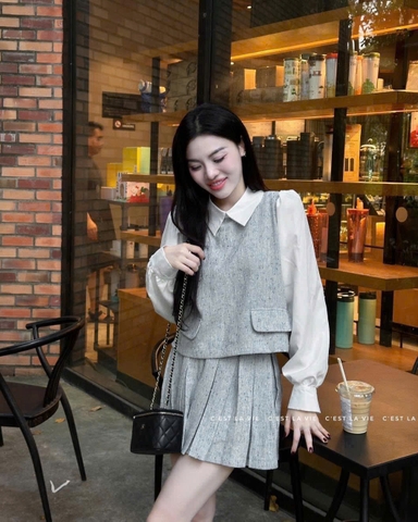 SET361- Set áo somi phối dạ và chân váy xếp ly nâu xám