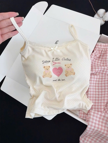 Set1029- Set mặc nhà áo 2 dây có sẵn đệm ngực kèm quần suong kẻ hồng