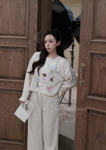 Set757- Bộ mặc nhà áo nỉ dài tay phối quần suông be