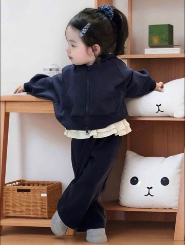 BN111-Bộ nỉ dài tay kéo khoá xanh than phối trắng bé gái