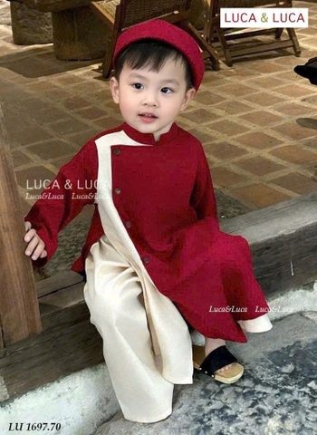 Bt804- Bộ áo dài lụa phối đỏ tặng kèm dây tết chữ thêu