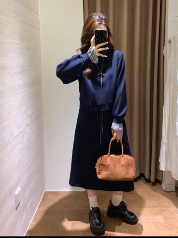 set745- SET ÁO CHÂN VÁY NỈ màu than tay phối kẻ cạp chun