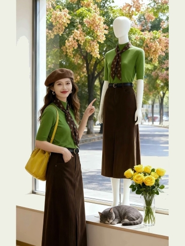 🍃SET850- Set áo cotton xanh rêu mix CVnâu socola