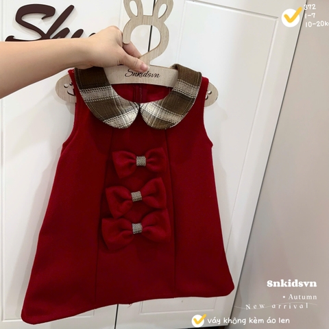 Bt773- Đầm dạ dạ đỏ 3 nơ bé gái 2 lớp chất mịn đẹp