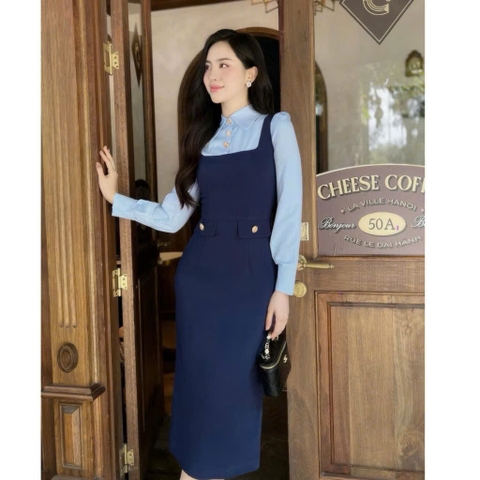 DAM134-Váy midi phối sơ mi liền cúc đồng