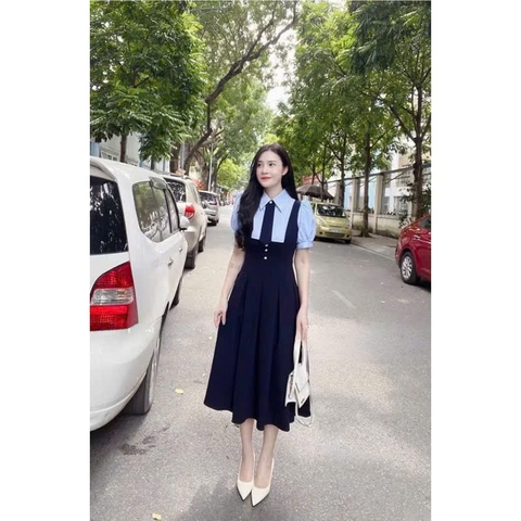 ☘️DAM132 VÁY PHỐI CỔ VUÔNG XẾP LI TAY BỒNG MIXX CÚC CỎ 4 LÁ 🌺