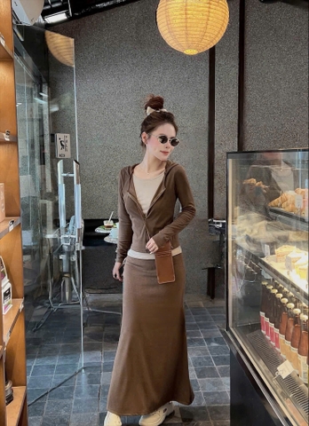 Set1047- set áo díp nâu phối chân váy midi dài
