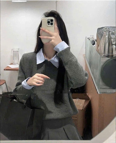 A340-Aó len xám phối cổ sơ mi hàng Quảng Châu