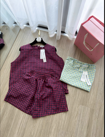 SET1001- Set áo đũi sát nách kẻ 2 màu xanh hồng