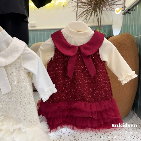 Bt791- set đầm Nơ  dạ bé gái bè màu đỏ 2 lớp CV có lót