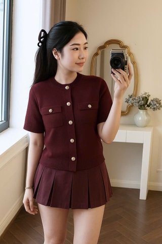 A412-Áo len dệt kim cộc tay màu đỏ cúc đồng hàng chuẩn nhà máy