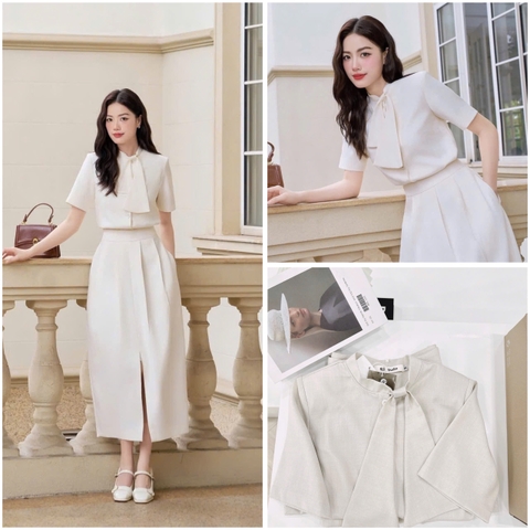 SET733- Set công sở áo cộc tay nơ cổ phối chân váy midi chữ A