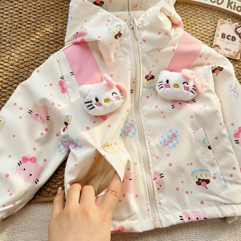 BT1071-Áo khoác gió KITTY đính thú nổi 2 lớp lót gió có mũ