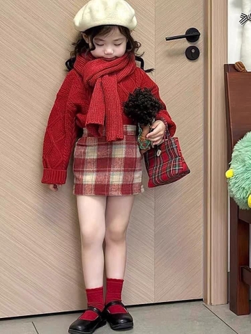 SETKID013- Set áo len đỏ trẻ em mix CV dạ kẻ có lót quần