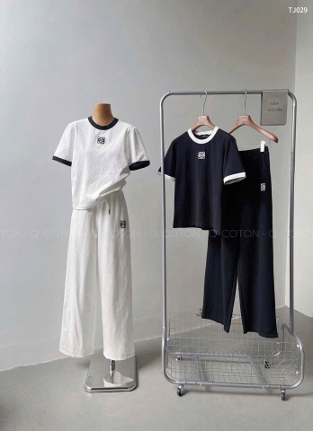 Set724- Set áo cộc quần suông đen trắng viền hoạ tiết thêu