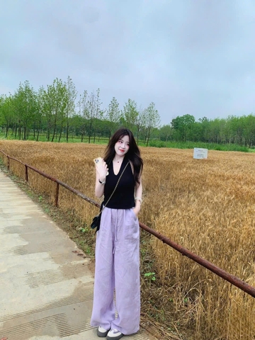 Set672- Set áo thun đen mix Quần đũi tím cạp chun