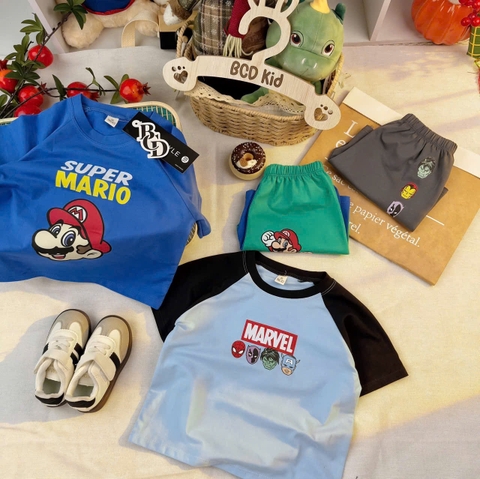BT840-Combo 2 bộ thun cotton cộc tay bé trai Super Mario 9-26kg
