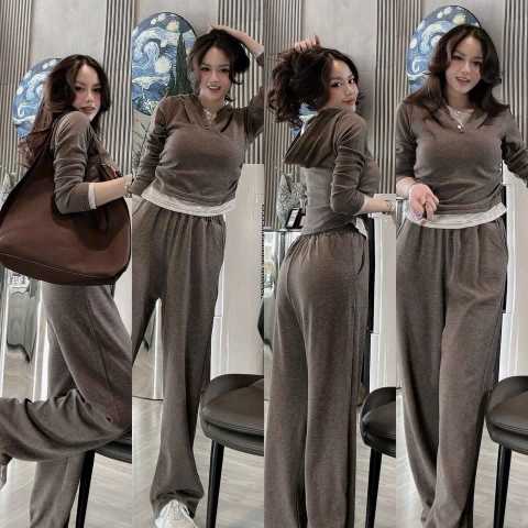 SET813- Bộ mặc nhà áo nỉ díp lông có mũ nâu phối quần suông