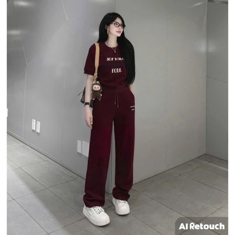 SET468- Set trắng đỏ JOY in thêu sắc nét áo bo chun mix quần suông