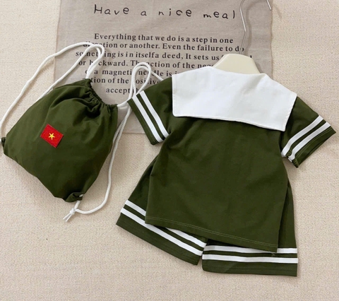 BT470- bộ/đầm trẻ em màu bộ đội chất cotton tặng kèm balo xinh