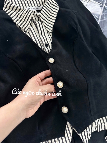 SET388-Set phối kẻ đen dáng xoè cúc ngọc chất trượt Thái