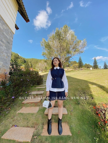 Áo sơ mi cổ đức phối 2 màu kèm belt rời