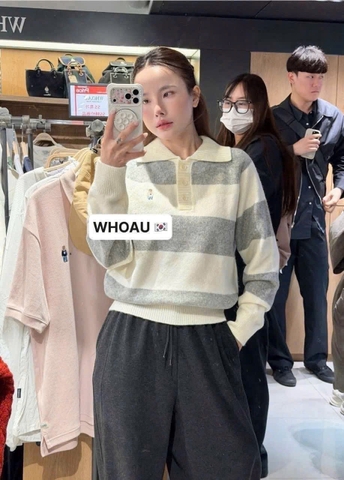 A472- Áo len kẻ ngang to phối cổ bẻ thêu tag 2 màu