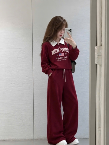 SET1059- Bộ nỉ haida đỏ có cổ NY phối quần suông