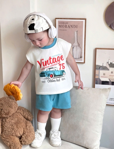bT601- Bộ cotton Vintage 75 xanh lam chất cotton mát