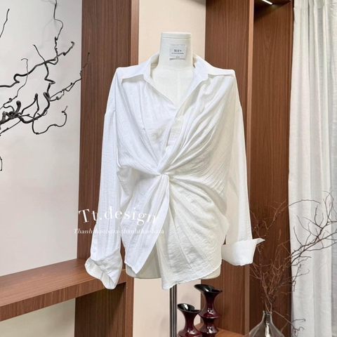 ] A112-ÁO SƠ MI TRẮNG XOẮN EO DÀI TAY CHẤT ĐŨI LỤA