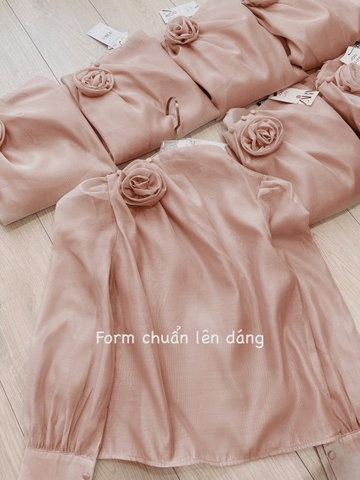 A154-Áo sơ mi nữ voan tơ cúc bọc đính hoa