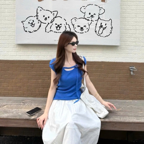 SET651-Set áo thun xanhcách điệu phối chaanvays midi trắng thô