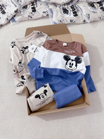 CB178- Combo 2 bộ thun dài tay bé trai Mickey kẻ ngang xanh nâu VNXK