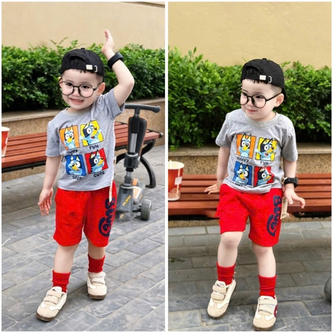 BT334-Bộ áo cotton HAPPY FUN mix quần cua đỏ bé trai