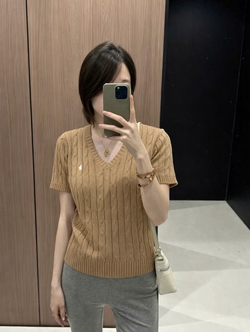 A536-Áo len thừng cộc tay cổ V màu nâu hàng nhà máy đủ tem